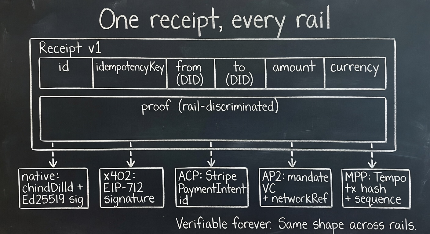 Receipt envelope — schema versioned outer shell with rail-discriminated cryptographic proof inside