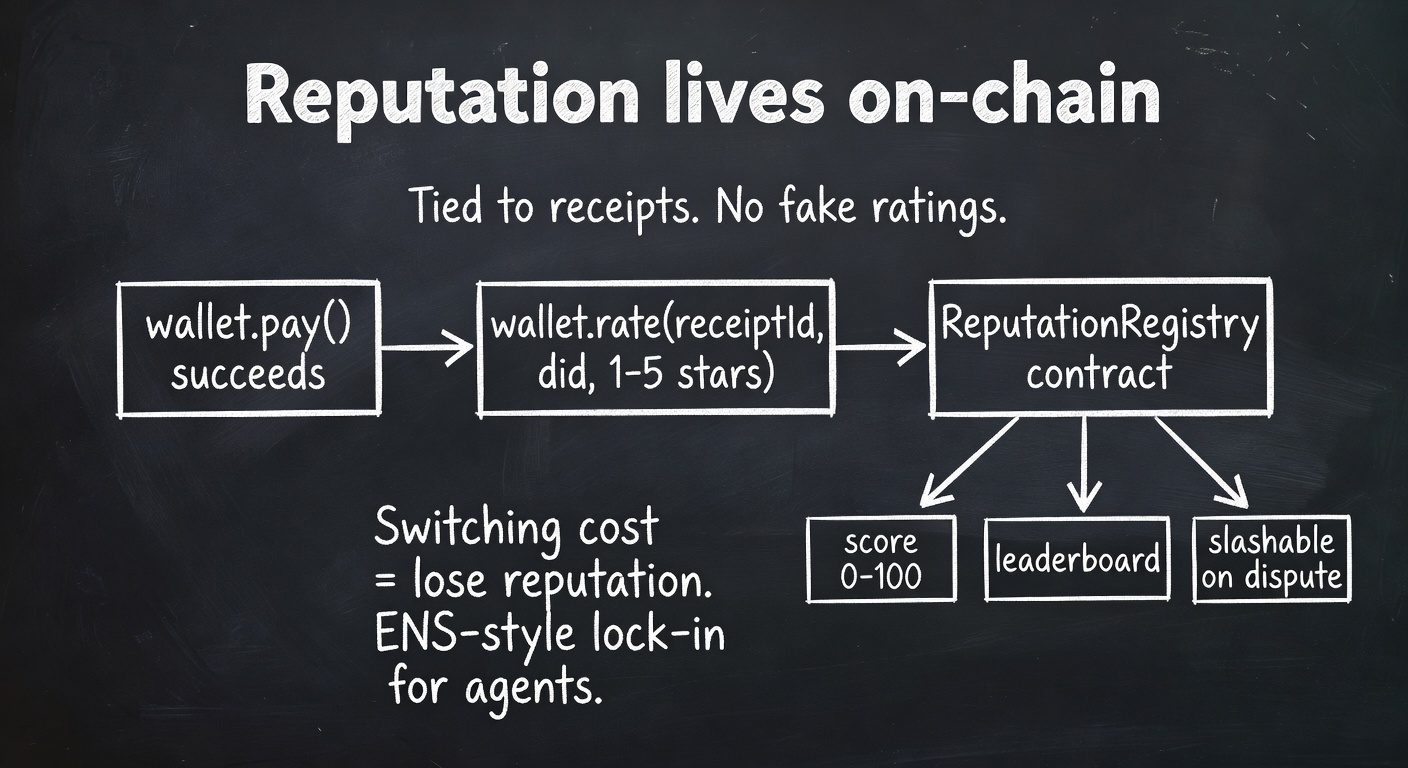 Reputation lives on-chain — pay then rate then on-chain ReputationRegistry, score and slashing