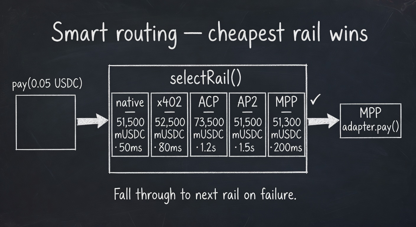 Smart routing — selectRail() quotes each adapter, picks the cheapest, falls through on failure