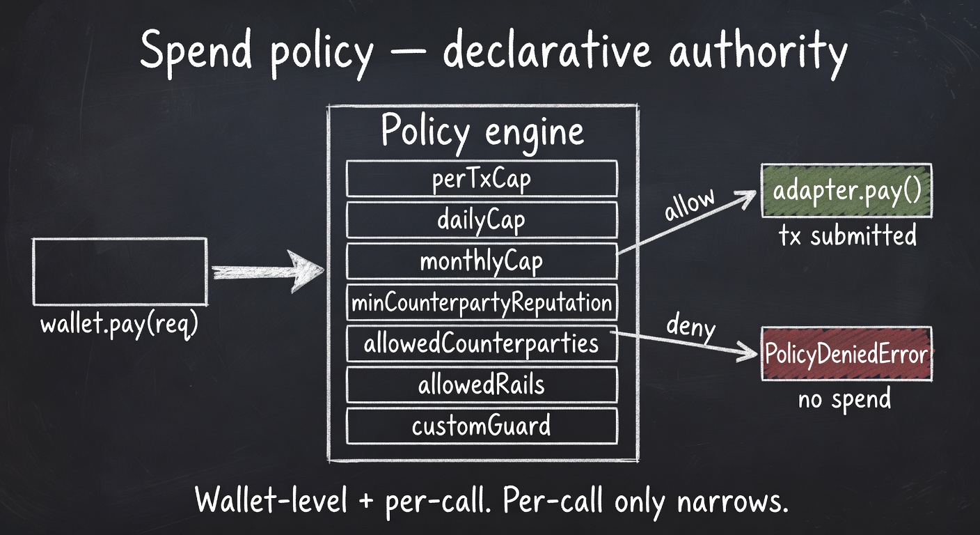 Spend policy engine — declarative rules evaluated before every pay call, allow advances to adapter, deny throws PolicyDeniedError